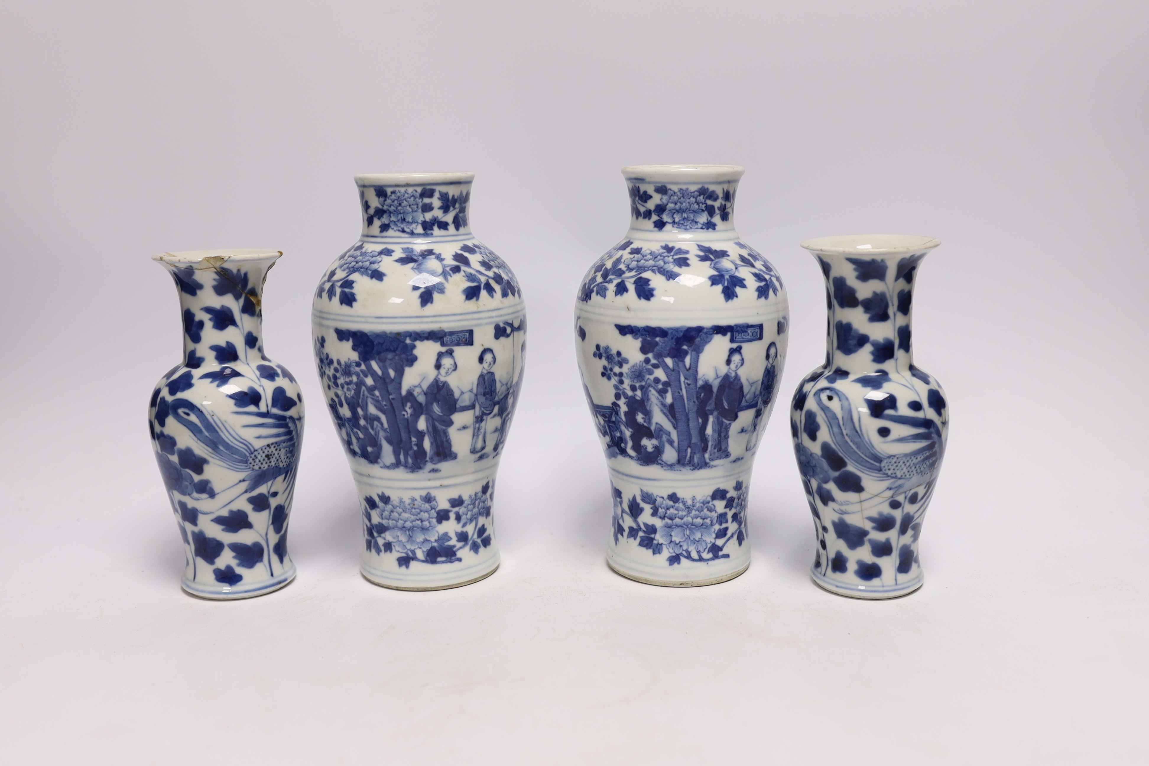 Two pairs of Chinese blue and white vases, largest 19cm high